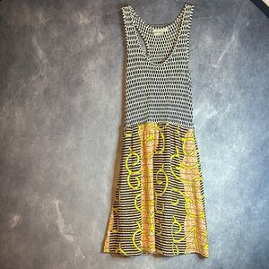 Chic Porridge Anthropologie Navy Yellow Orange Patterned Mini Dress Silk Bottom
